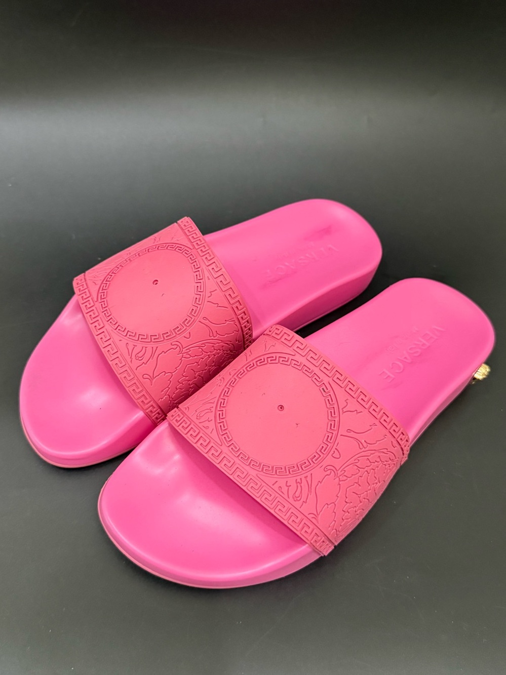 Versace Hot Pink Medusa Palazzo Pool Slides Missing Medusa